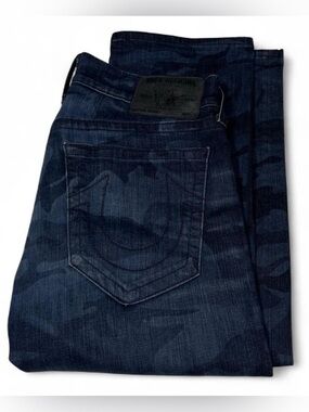 True Religion Bobby Camo Laser Straight Asum Camoflaged Blue Jeans W35 L35 Stack